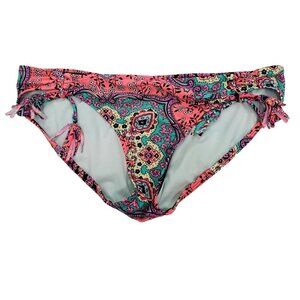 OP Junior's Y2K Neon Multicolor Boho Print‎ Cinch Side Bikini Bottoms Size M 7-9
